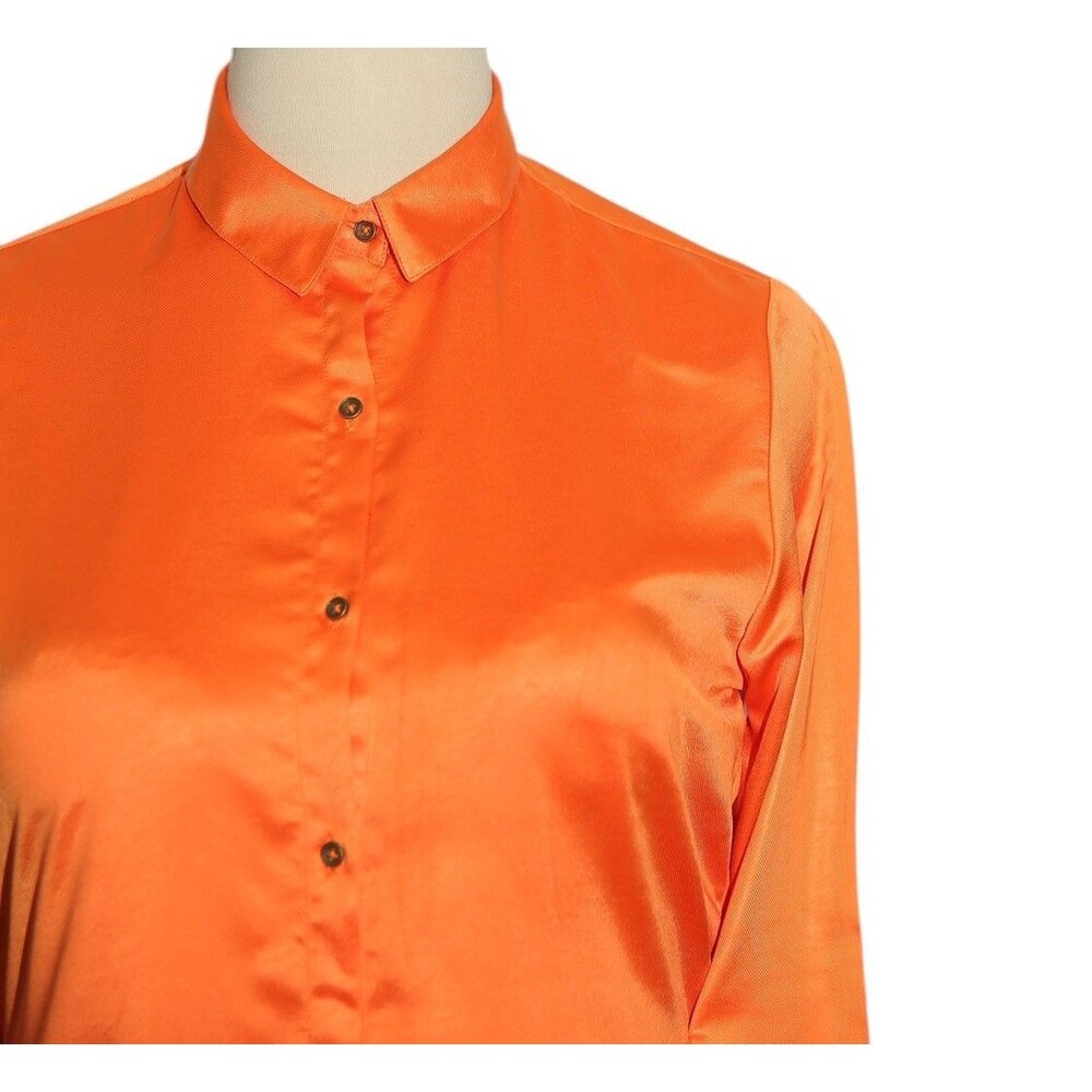 Womens Silky Satin Shirt Orange Blouse Button Up Casual Dressy Top Medium Work - Picture 4 of 7
